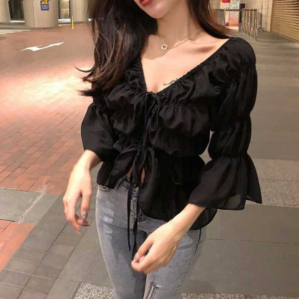 spring 3/4 sleeve short crop women sweet drawstring long flare sleeve chiffon shirt blouse 210601, White
spring 3/4 sleeve short crop women sweet drawstring long flare sleeve chiffon shirt blouse 210601, White