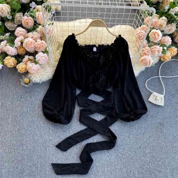 women spring blouse french style wear puff sleeve v-neck hollow out bandage short cropped shirt female d016 210507, White
women spring blouse french style wear puff sleeve v-neck hollow out bandage short cropped shirt female d016 210507, White