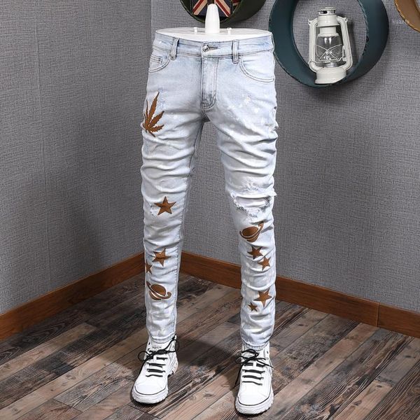 men's jeans american streetwear fashion men light blue elastic slim fit ripped denim punk pants embroidery designer hip hop trousers
men's jeans american streetwear fashion men light blue elastic slim fit ripped denim punk pants embroidery designer hip hop trousers