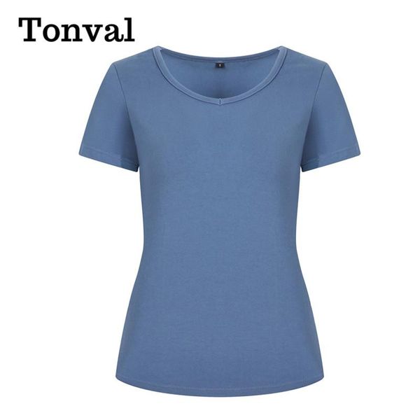 women's t-shirt tonval blue solid cotton t shirt plain vintage clothes women short sleeve tees 2021 summer casual slim, White 
women's t-shirt tonval blue solid cotton t shirt plain vintage clothes women short sleeve tees 2021 summer casual slim, White