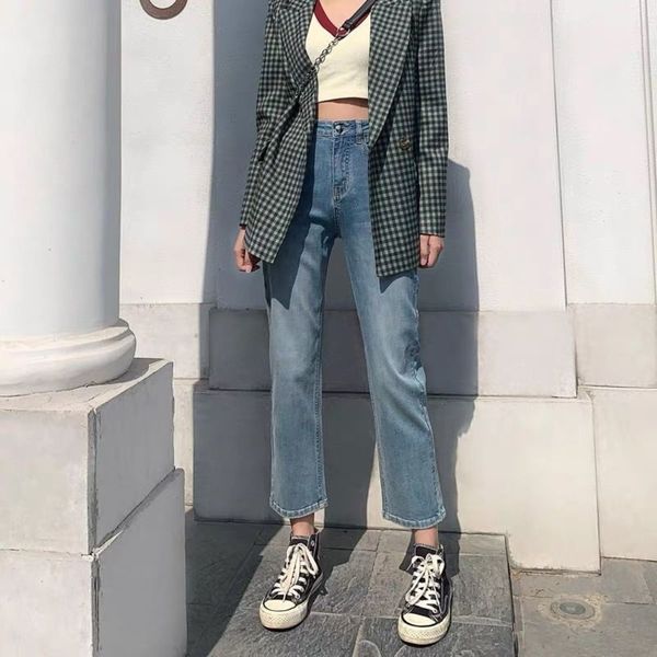 light color spring high waist slim fit nine point pipe pants, Blue
light color spring high waist slim fit nine point pipe pants, Blue