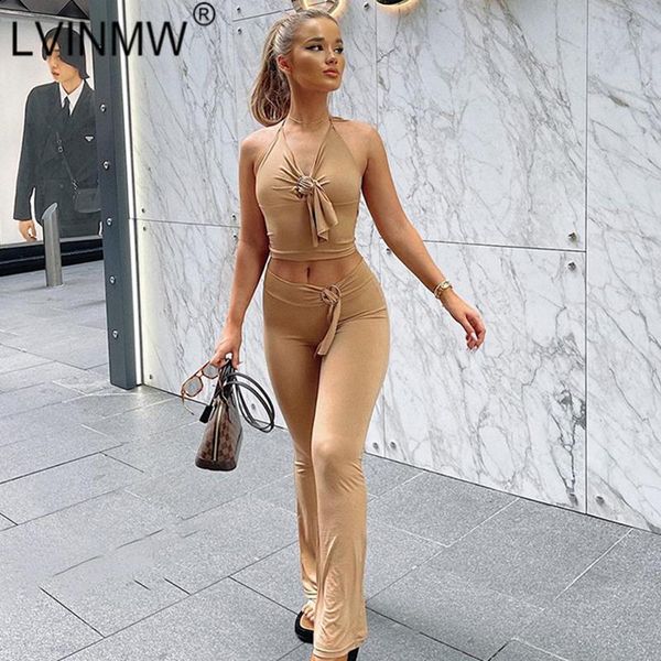 women's two piece pants lvinmw solid slim chic metal ring bandage folds summer women sets halter lace up backless crop high waist strai, White
women's two piece pants lvinmw solid slim chic metal ring bandage folds summer women sets halter lace up backless crop high waist strai, White