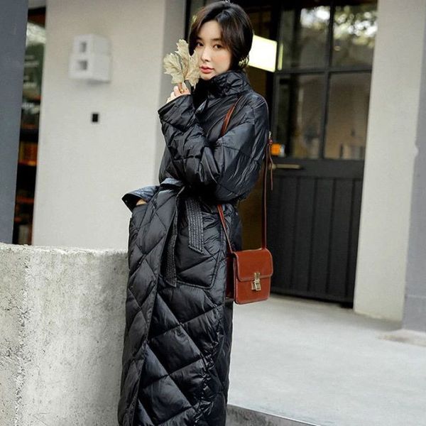 long winter rhombus pattern casual sashes parkas pockets tailored collar puffer jacket cotton-padded outwear 210510, Black
long winter rhombus pattern casual sashes parkas pockets tailored collar puffer jacket cotton-padded outwear 210510, Black