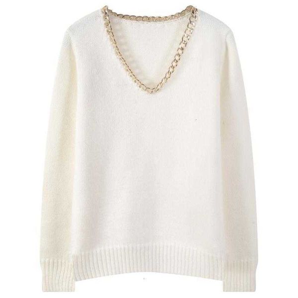 women's sweaters heavy industry metal chain v-neck knitted pullover ladies fall/winter loose solid color chic fashion qjt0, White;black
women's sweaters heavy industry metal chain v-neck knitted pullover ladies fall/winter loose solid color chic fashion qjt0, White;black