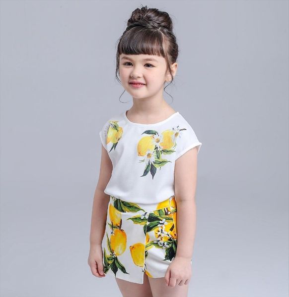 summer fashion girls clothing sets brand lemon printed baby girl suit kids tree cotton t shirts blouse shorts, White 
summer fashion girls clothing sets brand lemon printed baby girl suit kids tree cotton t shirts blouse shorts, White