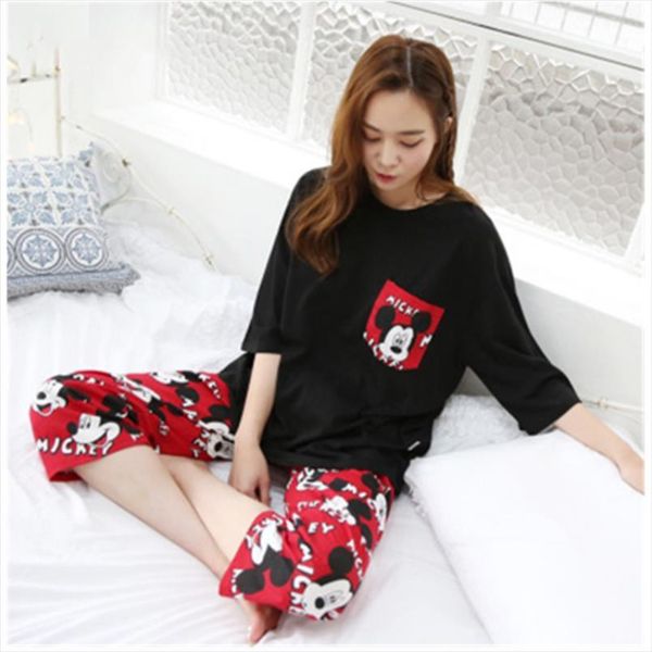 two pieces pajamas sets short women sleepwear sleeved t shirt and calf length pants kawaii nightwear soft home suit cartoons, Black;red
two pieces pajamas sets short women sleepwear sleeved t shirt and calf length pants kawaii nightwear soft home suit cartoons, Black;red