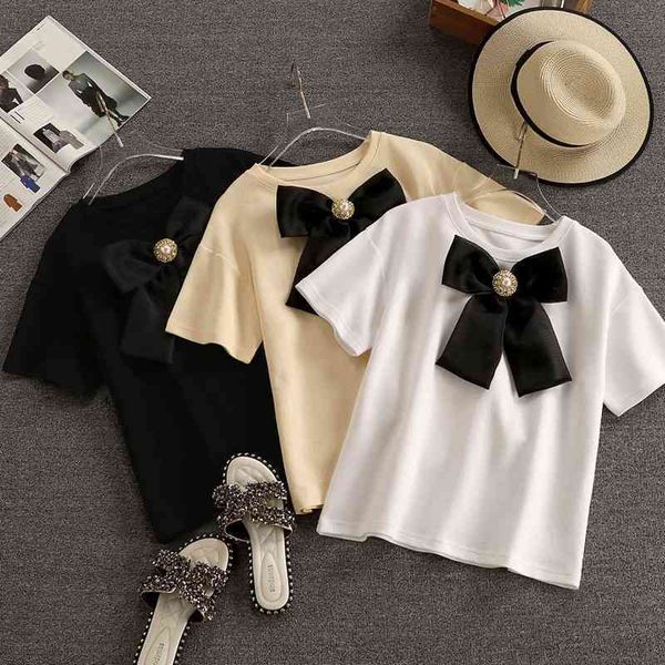 women's tshirt summer chic sweet bow beaded blouse korean solid o-neck all-macthing casual tees 210525, White
women's tshirt summer chic sweet bow beaded blouse korean solid o-neck all-macthing casual tees 210525, White