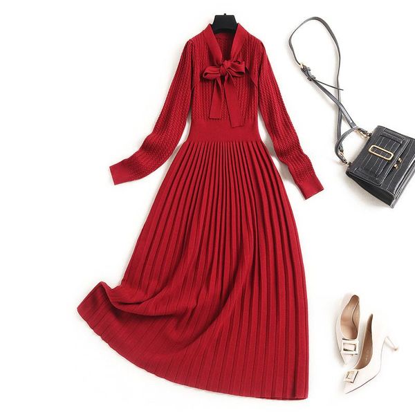 europe style fashion woman clothes spring autumn long sleeve bow collar solid pleated knitted sweater dresses red party vestidos casual, Black;gray
europe style fashion woman clothes spring autumn long sleeve bow collar solid pleated knitted sweater dresses red party vestidos casual, Black;gray