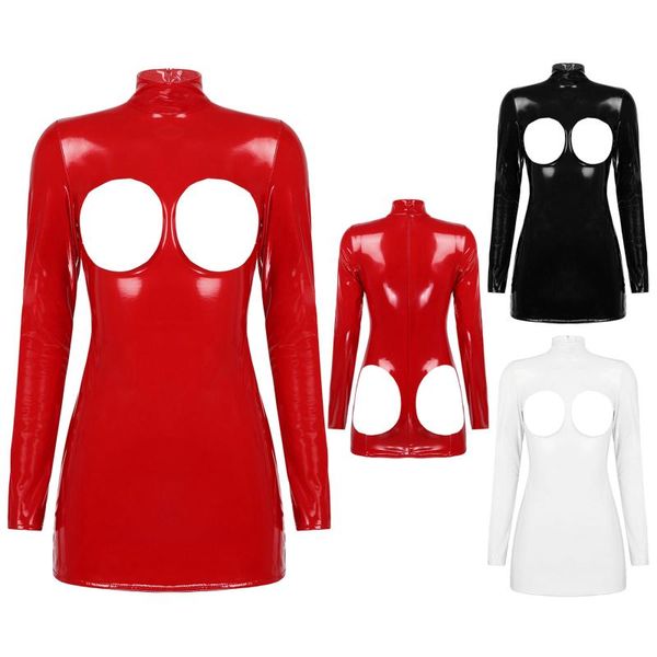 bras sets women wet-look patent leather bare breast bodysuit lingerie costume stand collar long sleeve zipper mini dress clubwear, Red;black
bras sets women wet-look patent leather bare breast bodysuit lingerie costume stand collar long sleeve zipper mini dress clubwear, Red;black