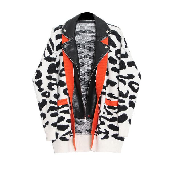 sweaters middle european woman's coat length 2021 leopard spring impression western style cardigan mesh and loose leather jacket, White;black
sweaters middle european woman's coat length 2021 leopard spring impression western style cardigan mesh and loose leather jacket, White;black