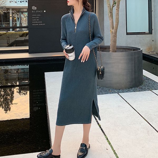 ol maxi sweater dress winter female loose high collar zipper thick long knit autumn vestidos solid bottom es 210421, Black;gray 
ol maxi sweater dress winter female loose high collar zipper thick long knit autumn vestidos solid bottom es 210421, Black;gray