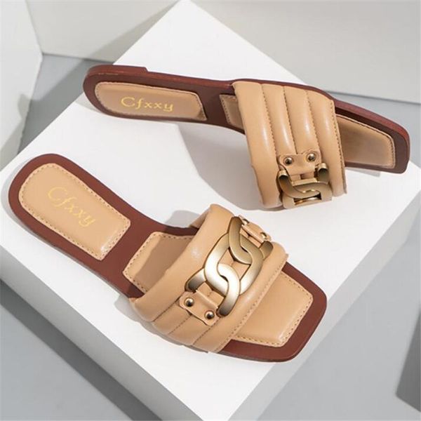 fashion flat heel slippers women summer slides chain decoration square head bare-toe leather sandals plus size 42, Black
fashion flat heel slippers women summer slides chain decoration square head bare-toe leather sandals plus size 42, Black