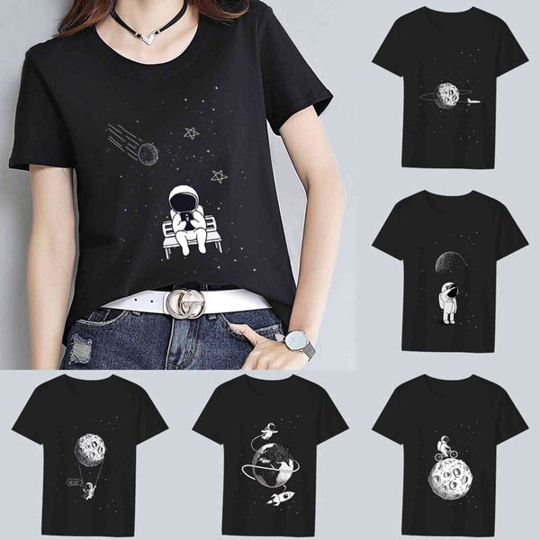 black t-shirt casual cartoon small astronaut print pattern seri round neck women's slim fitting short sve, White
black t-shirt casual cartoon small astronaut print pattern seri round neck women's slim fitting short sve, White