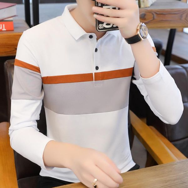 men's fashion casual stripe t-shirt lapel long sleeve wear t shirt t-shirts, White;black