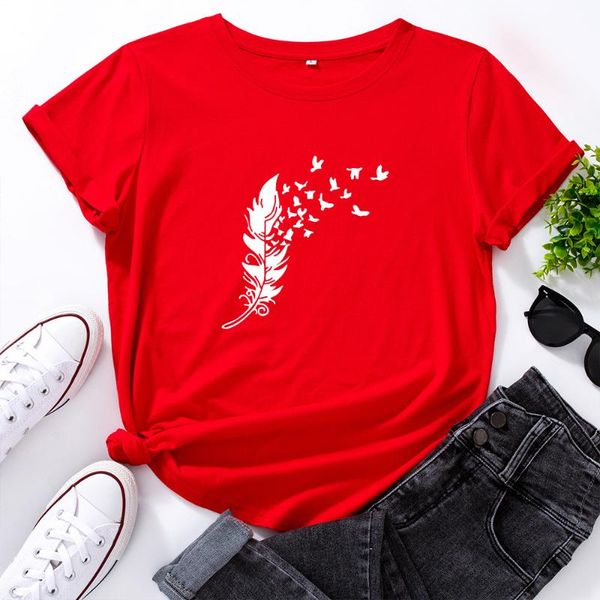 women's t-shirt creative feather print women fashion short sleeve pink streetwear cotton loose tshirt oversized tee shirt clothing, White
women's t-shirt creative feather print women fashion short sleeve pink streetwear cotton loose tshirt oversized tee shirt clothing, White