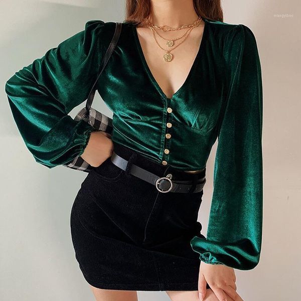 women's blouses & shirts velour blouse solid lantern sleeves v-neck single breasted women full length elegant lady pullover, White
women's blouses & shirts velour blouse solid lantern sleeves v-neck single breasted women full length elegant lady pullover, White