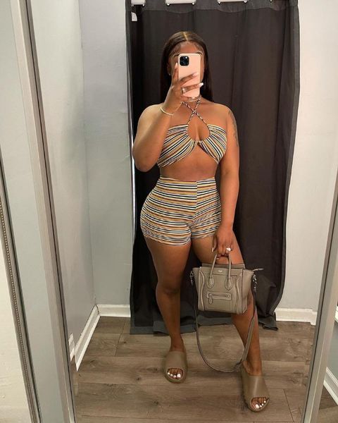 women's tracksuits 2021 summer european and american fashion casual hanging neck backless shorts printed two-piece set, Gray
women's tracksuits 2021 summer european and american fashion casual hanging neck backless shorts printed two-piece set, Gray
