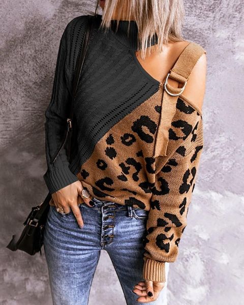women's sweaters pullover sweater clothing 2021 autumn winter fashion off shoulder leopard stitched casual ladies wear, White;black
women's sweaters pullover sweater clothing 2021 autumn winter fashion off shoulder leopard stitched casual ladies wear, White;black