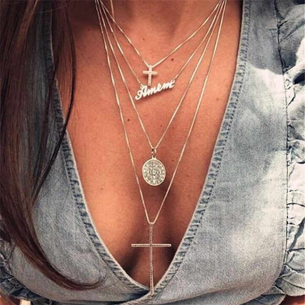fashion gold color multilayer cross pendant disc necklace for women geometry jewelry gift necklaces, Silver
fashion gold color multilayer cross pendant disc necklace for women geometry jewelry gift necklaces, Silver