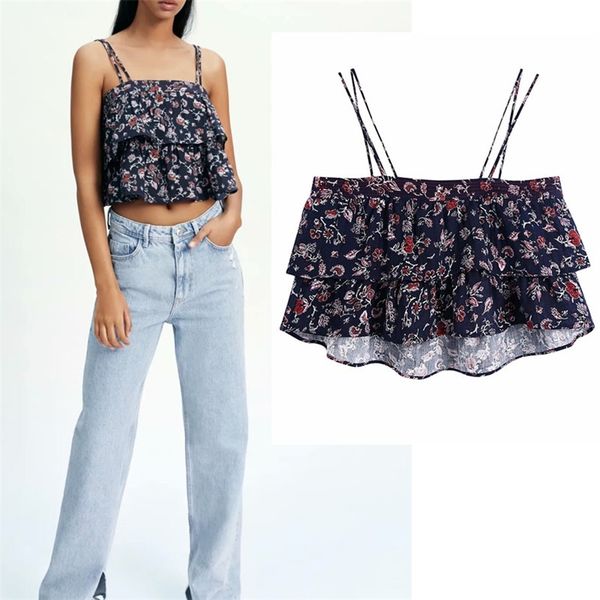 women summer short camis tank za sleeveless cascading ruffle print female vintage off shoulder 210513, White
women summer short camis tank za sleeveless cascading ruffle print female vintage off shoulder 210513, White