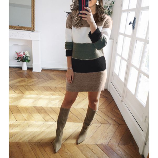 womens 2021 autumn and winter new solid color stitching knitted skirt casual contrast color round neck sweater dress, White;black
womens 2021 autumn and winter new solid color stitching knitted skirt casual contrast color round neck sweater dress, White;black