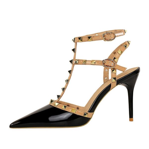 sandals european and american retro patent leather high heel pointed roman style metal rivet hollow women's single shoes, Black
sandals european and american retro patent leather high heel pointed roman style metal rivet hollow women's single shoes, Black