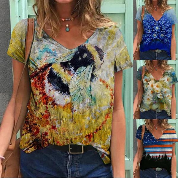 women's t-shirt summer fashion casual printed short sleeve v-neck pullover streetwear femme, White
women's t-shirt summer fashion casual printed short sleeve v-neck pullover streetwear femme, White