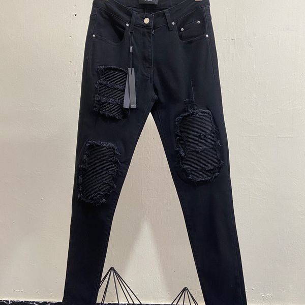 fashion brand am small leg jeans with holes and leather, Blue 
fashion brand am small leg jeans with holes and leather, Blue