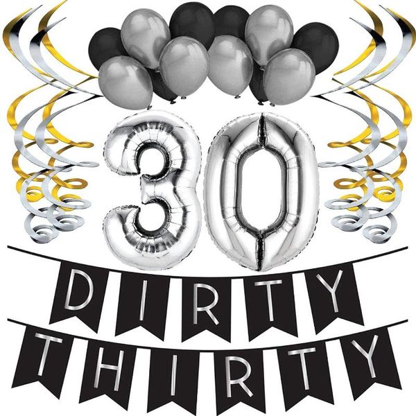 party decoration 30th birthday pack - black & silver dirty thirty bunting, poms, and swirls supplies
party decoration 30th birthday pack - black & silver dirty thirty bunting, poms, and swirls supplies
