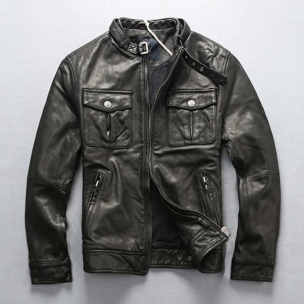 men's leather & faux mens genuine jacket multi-pocket stand slim short vegetable tanned sheep winter coat, Black
men's leather & faux mens genuine jacket multi-pocket stand slim short vegetable tanned sheep winter coat, Black