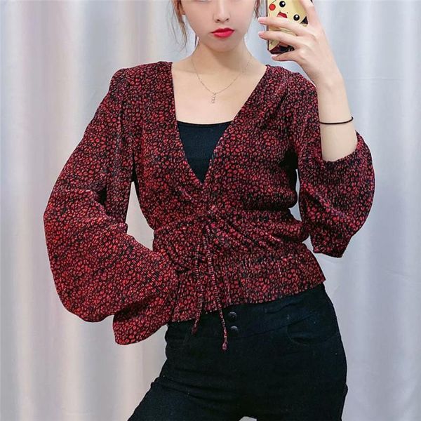 women's blouses & shirts women vintage sweet leopard print 2021 fashion v neck long sleeve elastic waist female blusas chic, White
women's blouses & shirts women vintage sweet leopard print 2021 fashion v neck long sleeve elastic waist female blusas chic, White