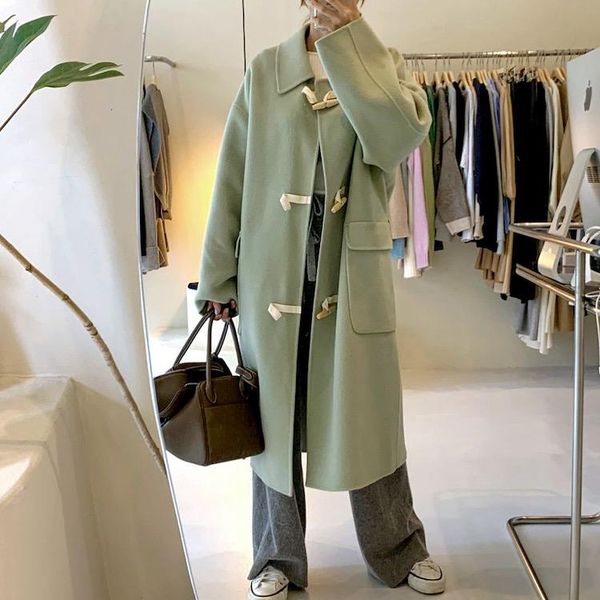 women's wool & blends korea ins chic all-match horn buckle autumn and winter woolen coat women light solid green long, Black
women's wool & blends korea ins chic all-match horn buckle autumn and winter woolen coat women light solid green long, Black