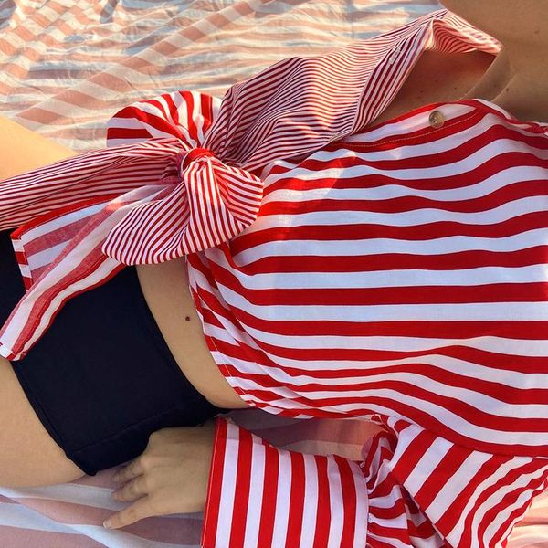 women's t-shirt women fashion button down lapel shirts stripes/dots print long sleeve tie knot loose crop streetwear ladies casual, White
women's t-shirt women fashion button down lapel shirts stripes/dots print long sleeve tie knot loose crop streetwear ladies casual, White