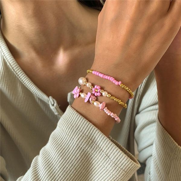 link, chain 3pcs/set boho pink beaded flower layered bracelet set for women girl metal geometric charm adjustable bangles party jewelry, Black
link, chain 3pcs/set boho pink beaded flower layered bracelet set for women girl metal geometric charm adjustable bangles party jewelry, Black