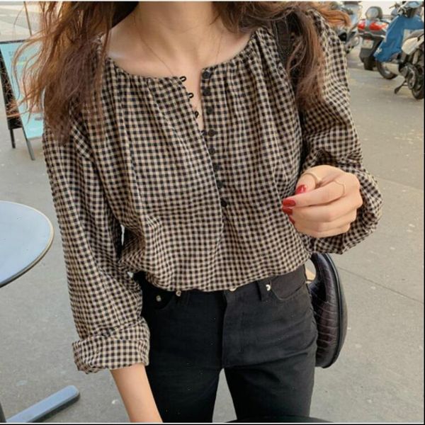 spring long sleeve round collar women shirt small plaid with buttons casual loose short, White
spring long sleeve round collar women shirt small plaid with buttons casual loose short, White