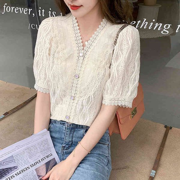 summer korean lace v-neck short sleeve sweet hook flower hollow out short shirt women elegant blouse femme chemise 210515, White
summer korean lace v-neck short sleeve sweet hook flower hollow out short shirt women elegant blouse femme chemise 210515, White
