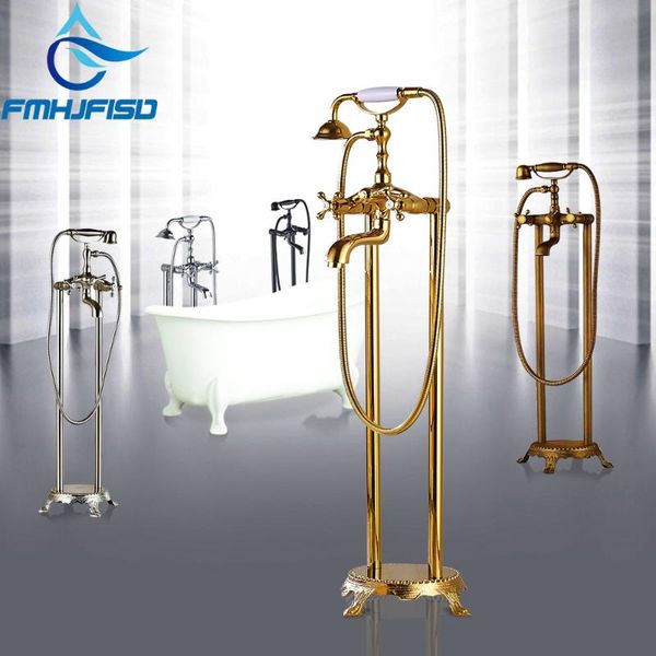 

golden polished bathtub floor stand faucet mixer dual hnadle 360 rotation waterfall spout bath tub with brass handshower bathroom shower set