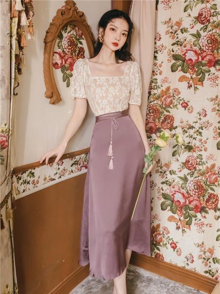 french suit western style age reduction two piece summer net girl lavender skirt lace square collar women's pants, White
french suit western style age reduction two piece summer net girl lavender skirt lace square collar women's pants, White