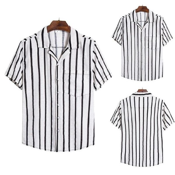 men's casual print shirt cotton and linen striped short-sleeved summer style streetwear lapel neck shirts, White;black 
men's casual print shirt cotton and linen striped short-sleeved summer style streetwear lapel neck shirts, White;black