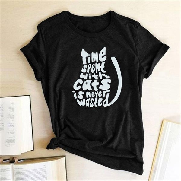 time spemt with cats women t shirts is never wasted print short sleeve summer funny aesthetics abbigliamento donna, White 
time spemt with cats women t shirts is never wasted print short sleeve summer funny aesthetics abbigliamento donna, White
