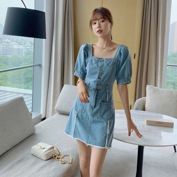 summer elegant square collar puff sleeve denim dress women single breasted pocket jean short dress female fashion slim vestidos 210514, Black;gray
summer elegant square collar puff sleeve denim dress women single breasted pocket jean short dress female fashion slim vestidos 210514, Black;gray