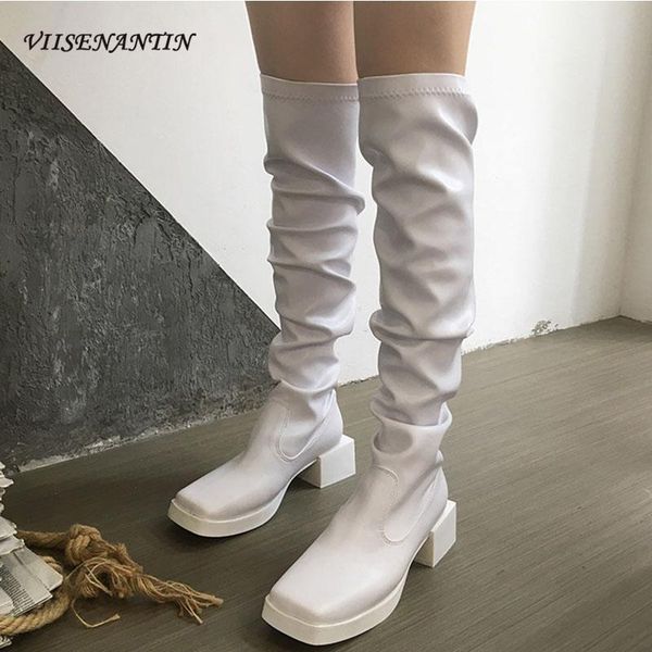 boots over-the-knee women's 2021 autumn and winter british style square toe thick heel all-match elastic high-top, Black