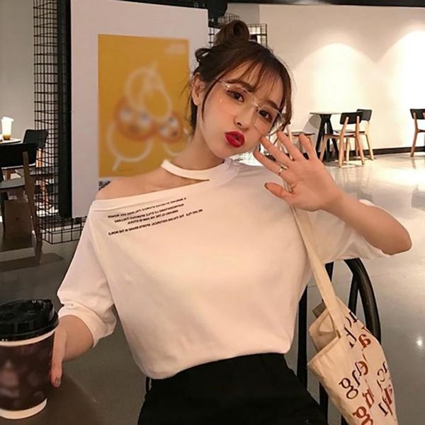 women's t-shirt 2021 novel off the shoulder design women halter korean style fashion loose letter print t shirt, White
women's t-shirt 2021 novel off the shoulder design women halter korean style fashion loose letter print t shirt, White