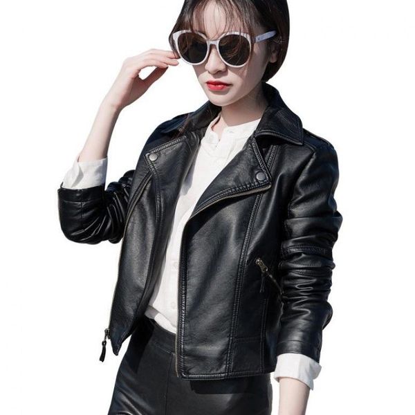 women's leather & faux 2021 soft jacket women brand autumn winter biker short basic coat zippers outwear, Black 
women's leather & faux 2021 soft jacket women brand autumn winter biker short basic coat zippers outwear, Black