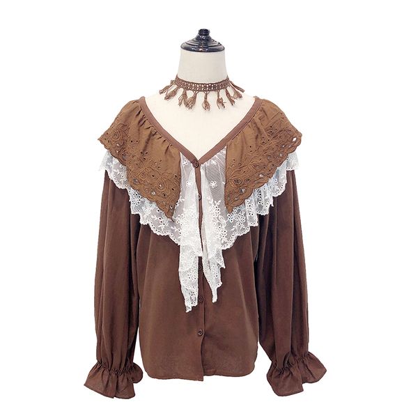 women long sleeve v neck white brown shirt ruffle lolita style b0277 210514
women long sleeve v neck white brown shirt ruffle lolita style b0277 210514