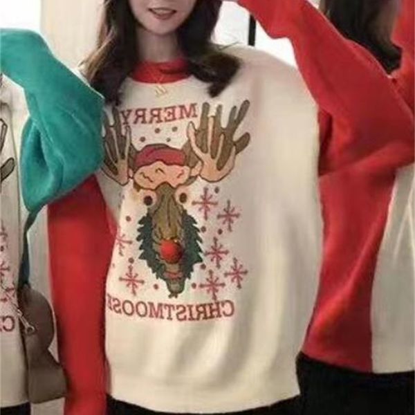 women's knits & tees knitted sweater, moose painting autumn and winter snowflake sweater, White
women's knits & tees knitted sweater, moose painting autumn and winter snowflake sweater, White