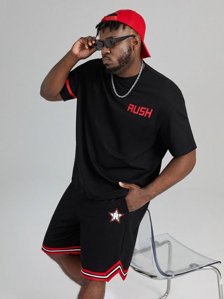 extended sizes men letter pattern tee & striped and star print shorts e2c5#, Gray 
extended sizes men letter pattern tee & striped and star print shorts e2c5#, Gray