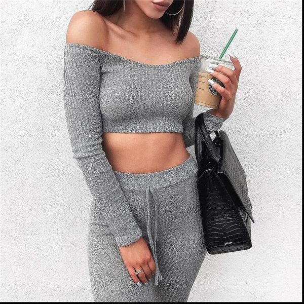 stylish off shoulder womens tracksuits long sleeve t shirt crop pencil slim pants leggings clothes set, Gray
stylish off shoulder womens tracksuits long sleeve t shirt crop pencil slim pants leggings clothes set, Gray
