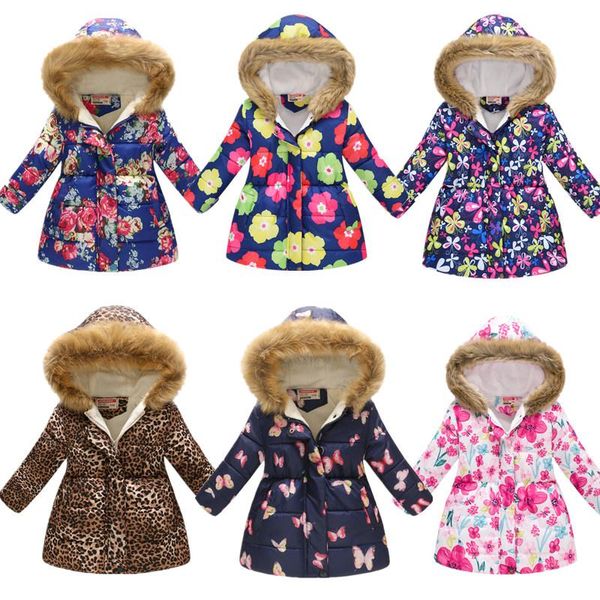 children's autumn and winter wear girls multi-color printing long fur collar hooded cotton coat, Blue;gray 
children's autumn and winter wear girls multi-color printing long fur collar hooded cotton coat, Blue;gray