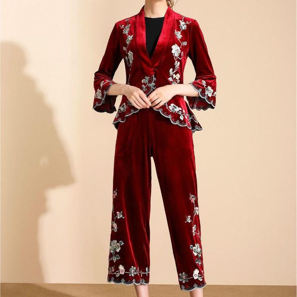women's two piece pants velvet pant suits women 2021 spring fine flowers embroidered notched collar three quarter sleeved blazer + trou, White
women's two piece pants velvet pant suits women 2021 spring fine flowers embroidered notched collar three quarter sleeved blazer + trou, White